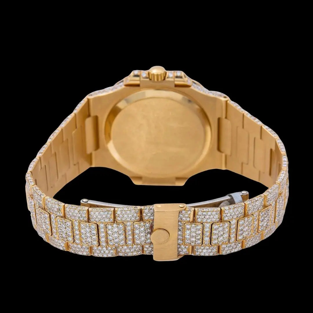 Patek Philippe Nautilus White Dial Stick Markers Yellow Gold Fully Iced Out Moissanite Watch Caseback View