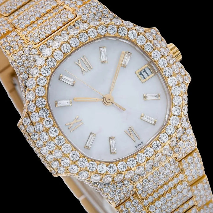 Patek Philippe Nautilus White Dial Stick Markers Yellow Gold Fully Iced Out Moissanite Watch Close Up Dial View