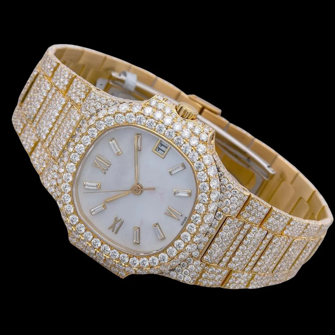 Patek Philippe Nautilus White Dial Stick Markers Yellow Gold Fully Iced Out Moissanite Watch Close Up Front View