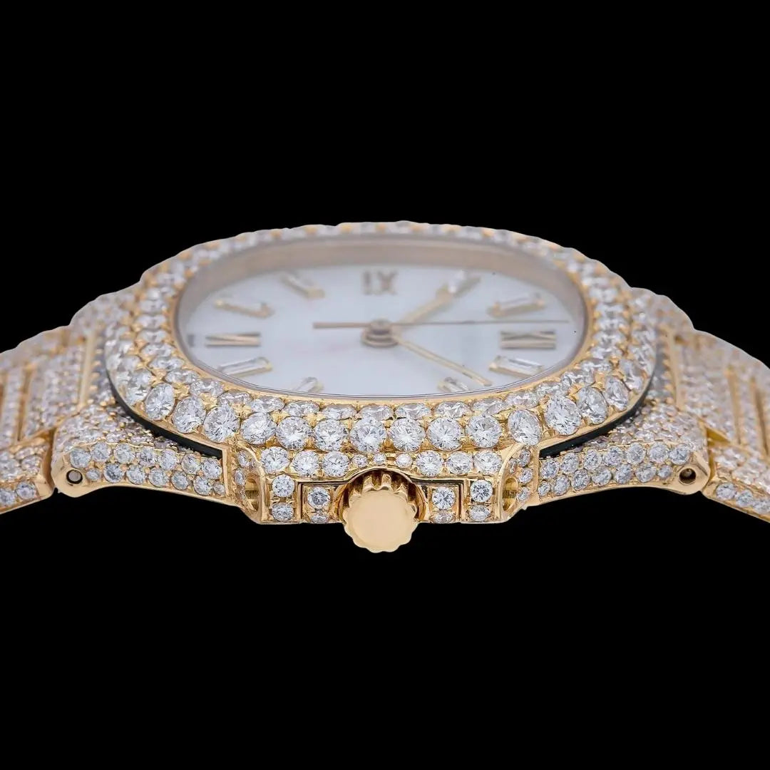 Patek Philippe Nautilus White Dial Stick Markers Yellow Gold Fully Iced Out Moissanite Watch Crown View