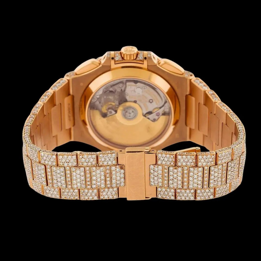 Patek Philippe Nautilus White Subdial Stick Markers Rose Gold Iced Out Moissanite Watch Caseback View