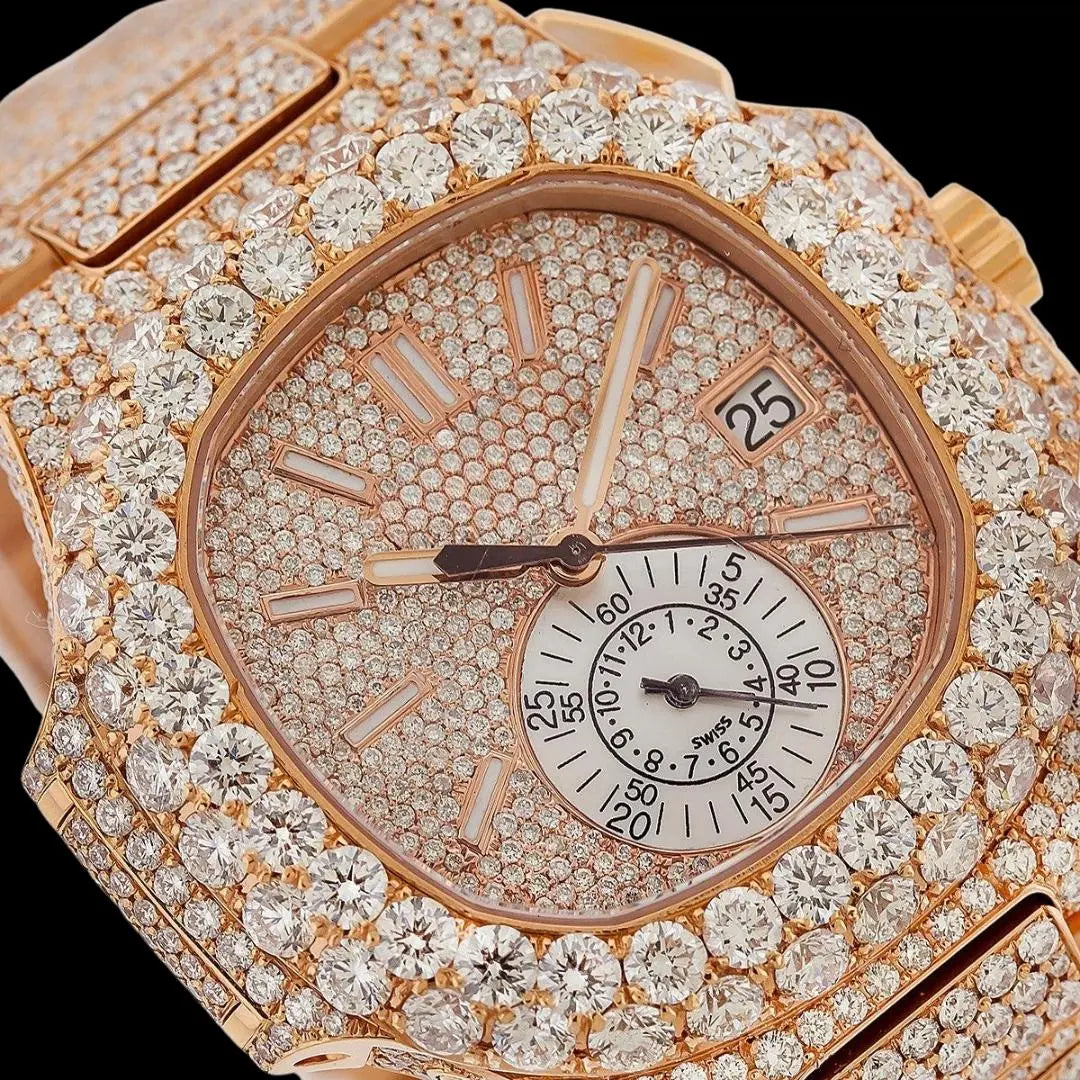Patek Philippe Nautilus White Subdial Stick Markers Rose Gold Iced Out Moissanite Watch Close Up Dial View
