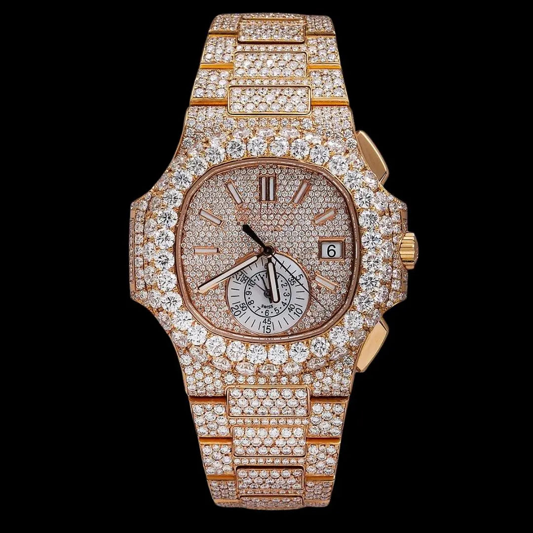 Patek Philippe Nautilus White Subdial Stick Markers Rose Gold Iced Out Moissanite Watch Close Up Front View