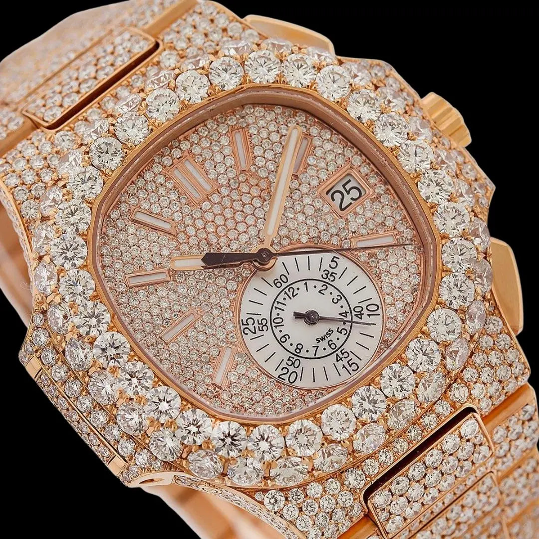 Patek Philippe Nautilus White Subdial Stick Markers Rose Gold Iced Out Moissanite Watch Close Up Subdial View
