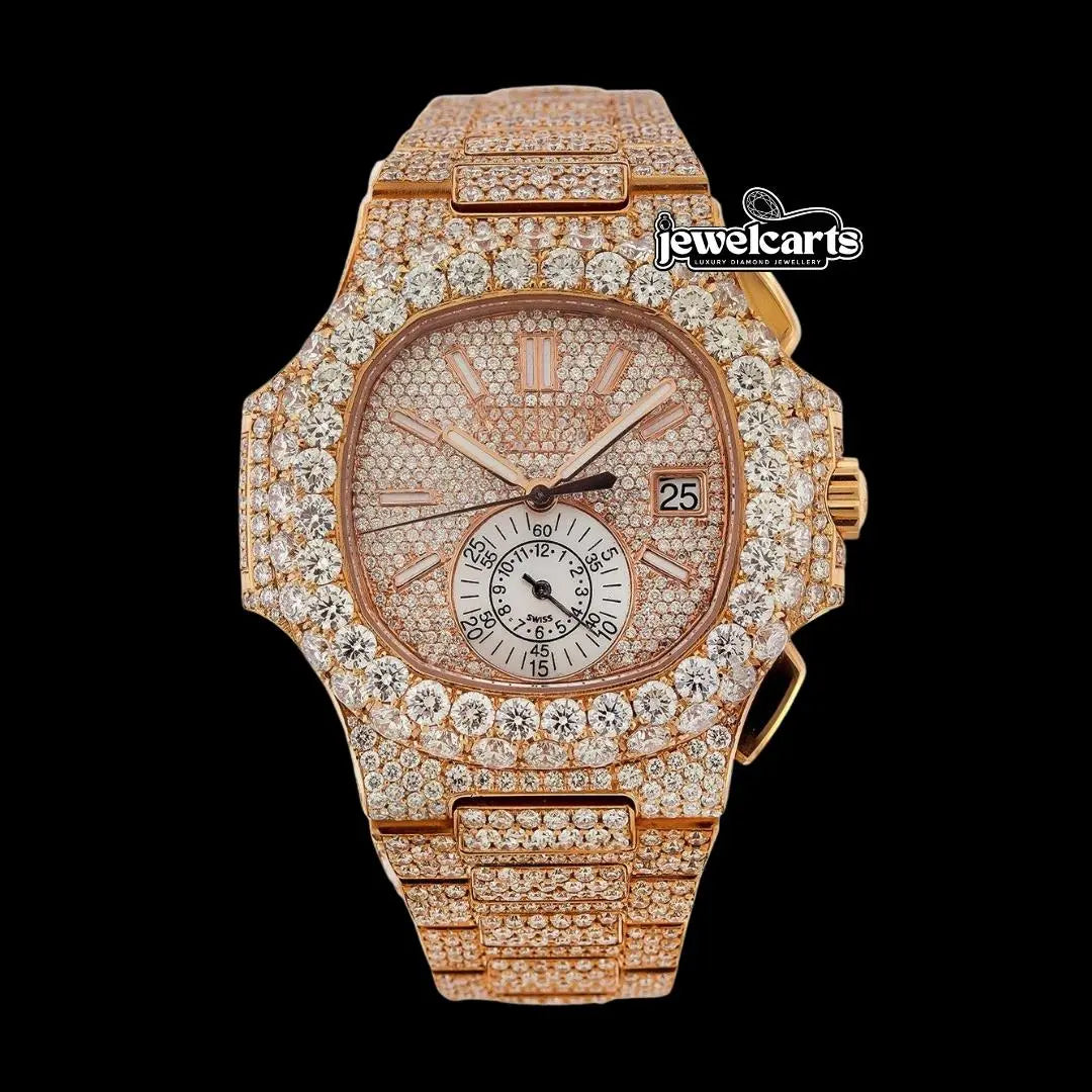 Patek Philippe Nautilus White Subdial Stick Markers Rose Gold Iced Out Moissanite Watch Front View