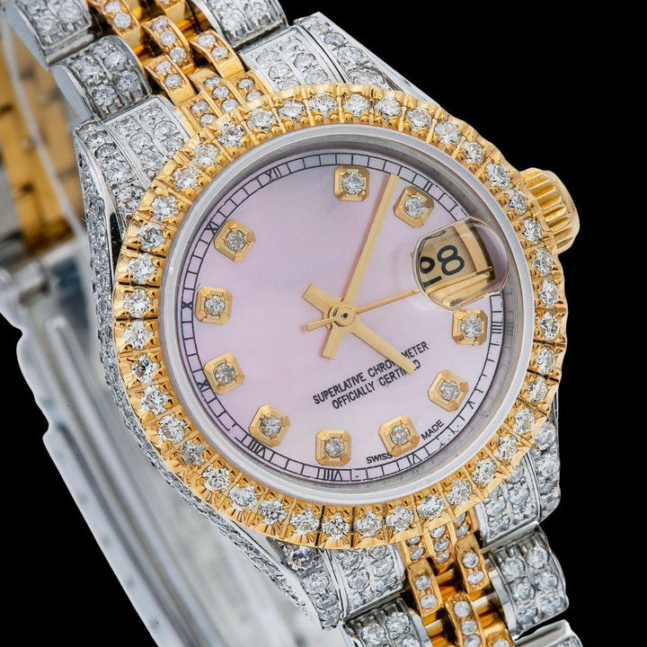 Pink Mother of Pearl Diamond Markers Dial Rolex Datejust Two Tone Yellow Gold Jubilee Iced Out Moissanite Watch Close Up Dial View