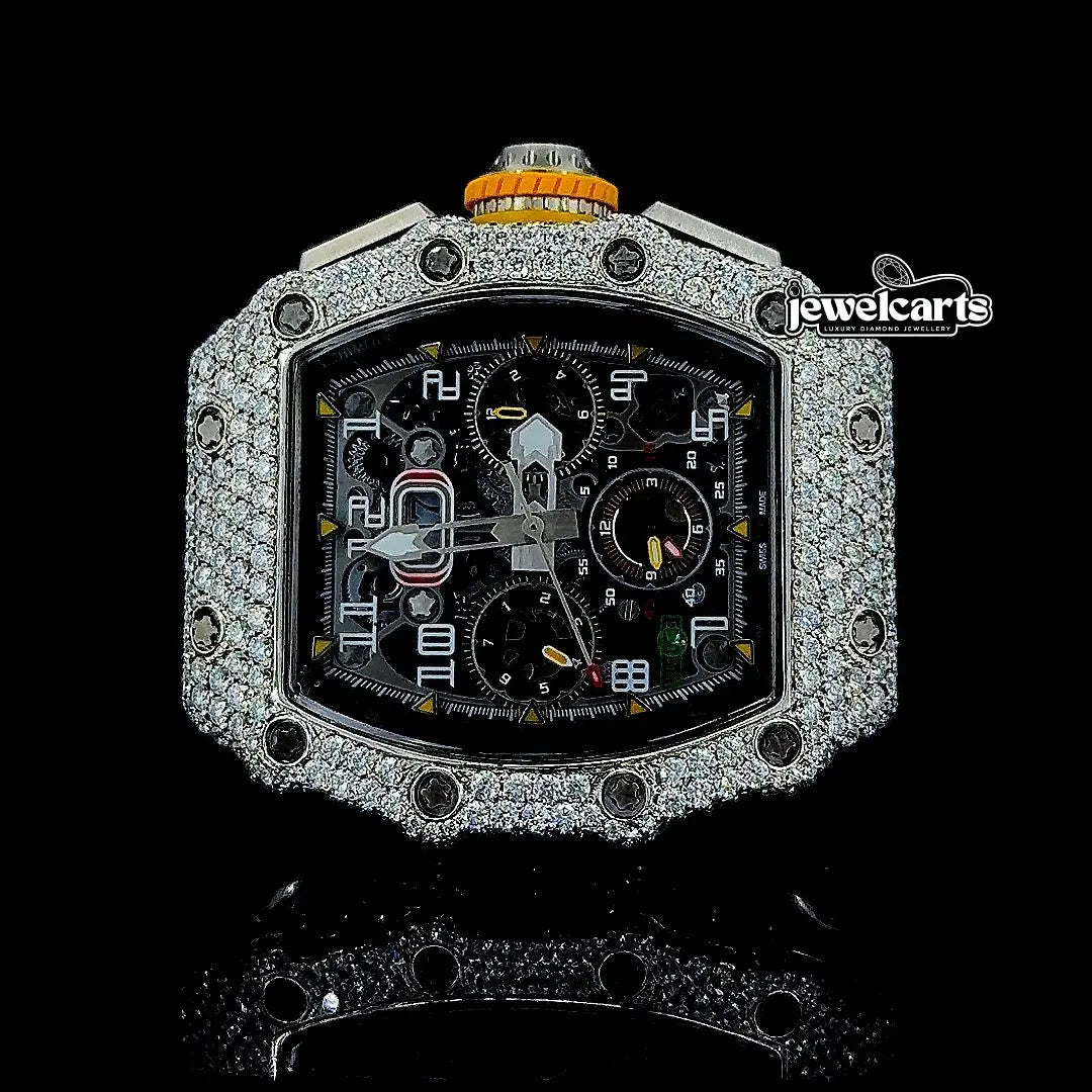 Richard Mille RM 011 Chronograph Dial Semi Iced Out Rubber Strap Moissanite Watch Front View