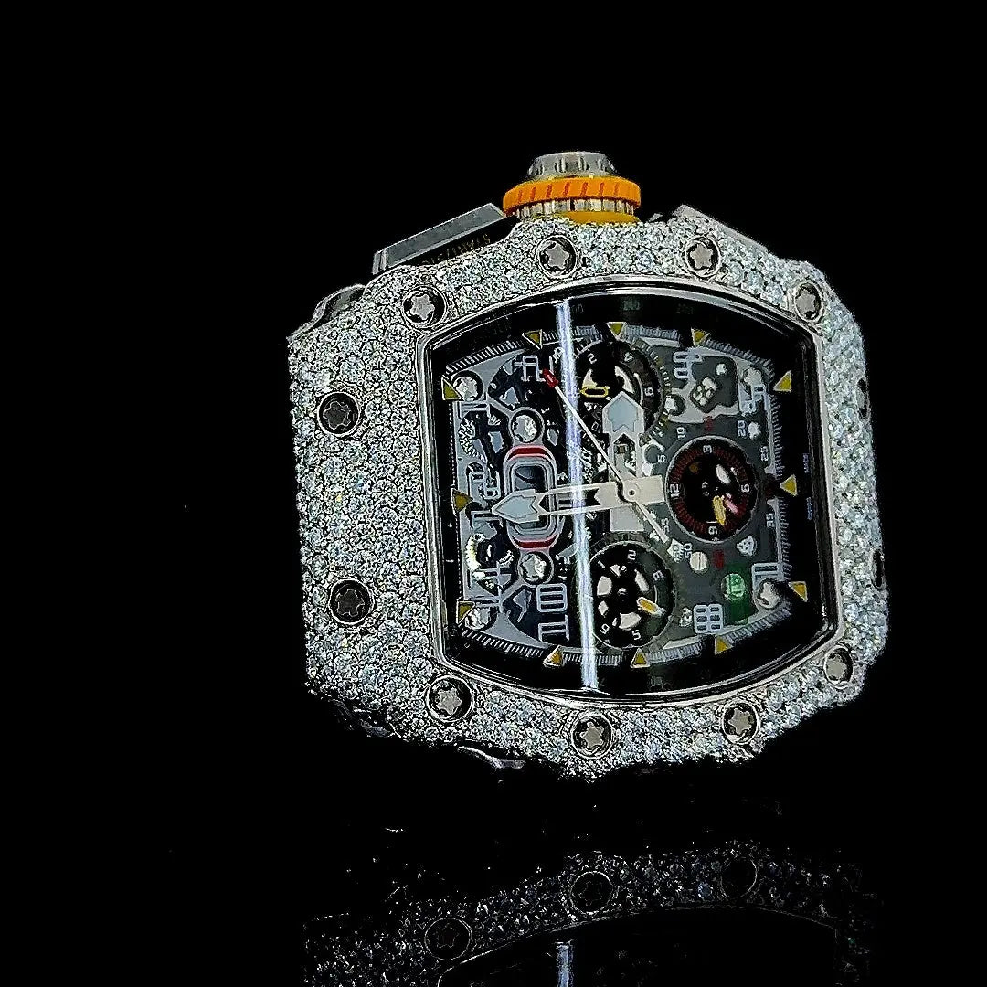 Richard Mille RM 011 Chronograph Dial Semi Iced Out Rubber Strap Moissanite Watch Right Profile View