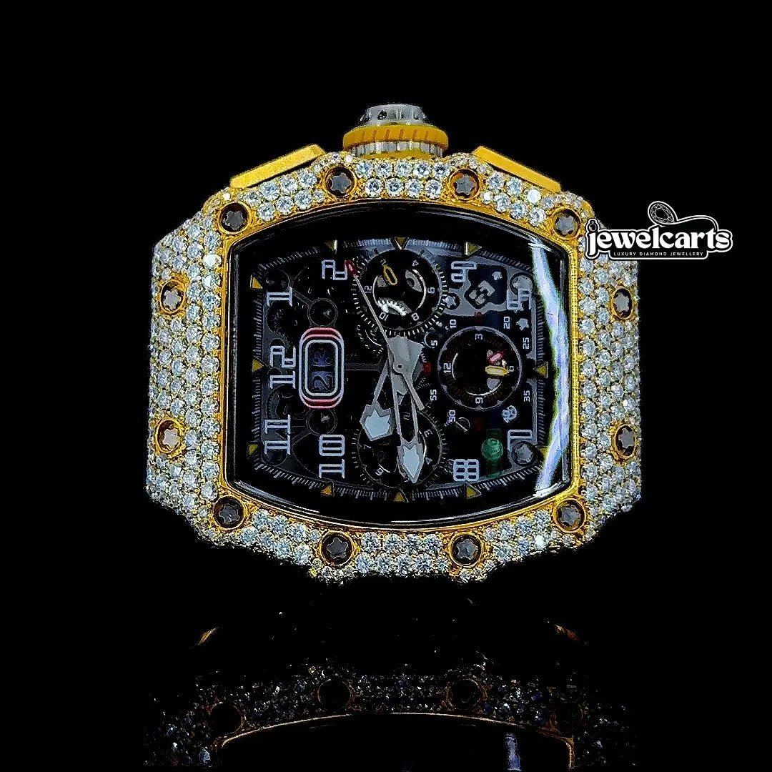 Richard Mille RM 011 Chronograph Dial Yellow Gold Semi Iced Out Rubber Strap Watch Front View