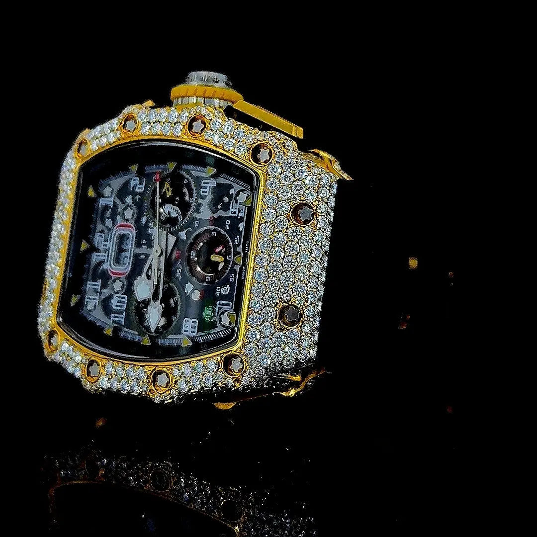Richard Mille RM 011 Chronograph Dial Yellow Gold Semi Iced Out Rubber Strap Watch Left Profile View