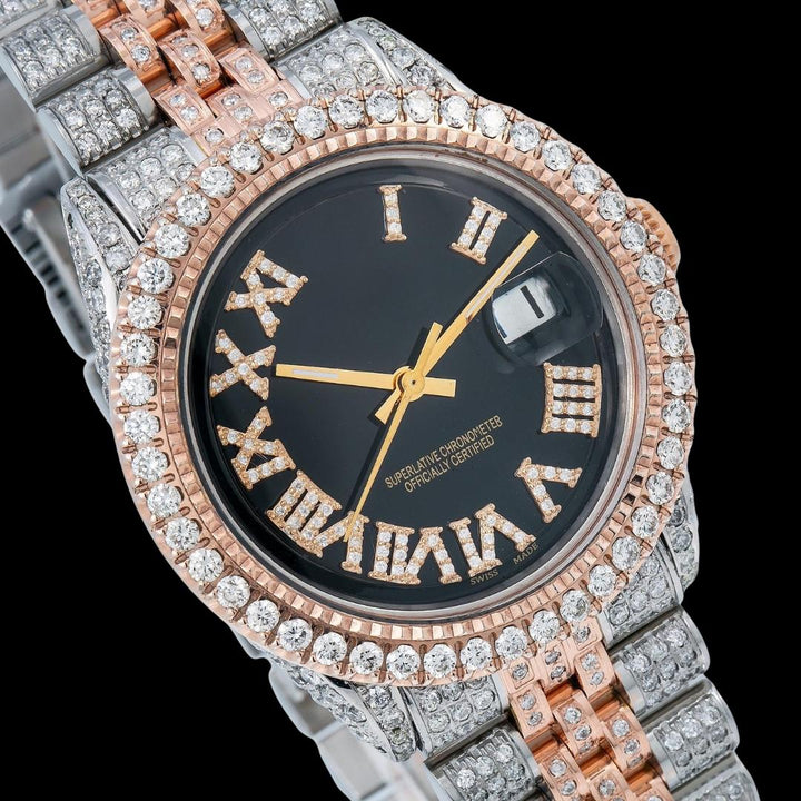 Rolex Black Dial Diamond Roman Numerals Two Tone Rose Gold Jubilee Bracelet Moissanite Watch Close Up Dial View