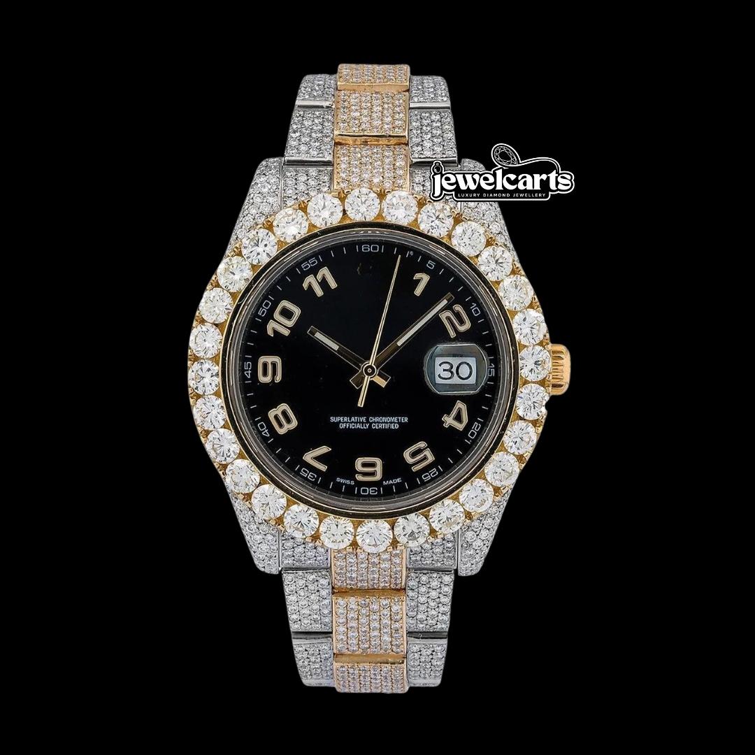 Rolex Black Dial Standard Numerals Two Tone Yellow Gold Oyster Bracelet Iced Out Moissanite Watch Front View