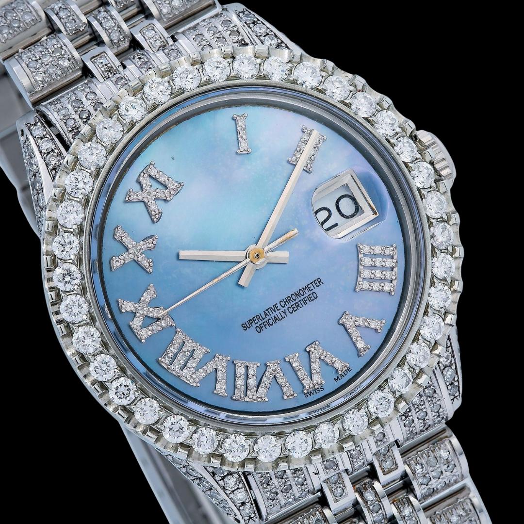 Rolex Blue Pearl Dial Diamond Roman Numerals Fully Iced Out Jubilee Bracelet Moissanite Watch Close Up Dial View