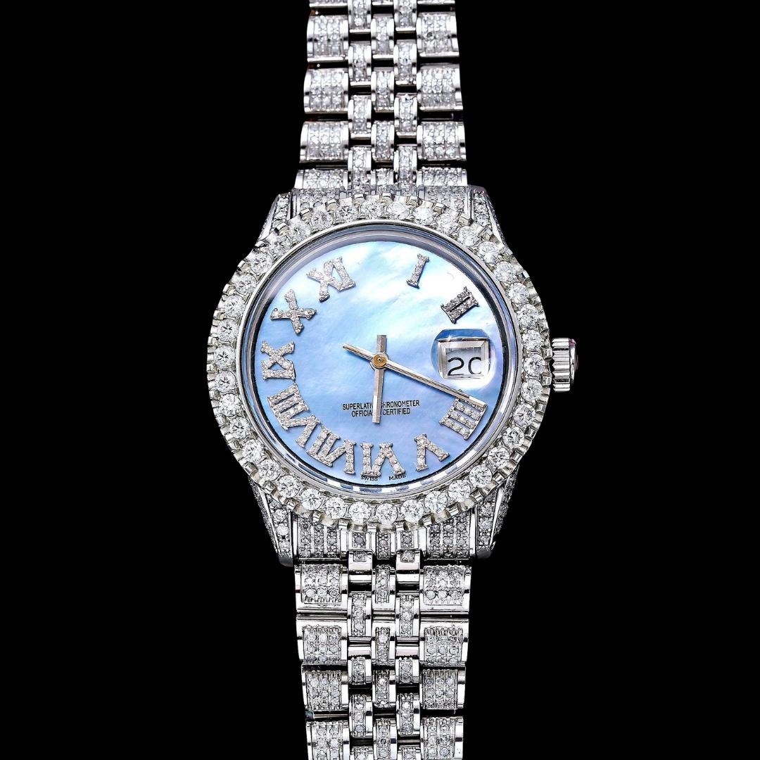Rolex Blue Pearl Dial Diamond Roman Numerals Fully Iced Out Jubilee Bracelet Moissanite Watch Close Up Front View