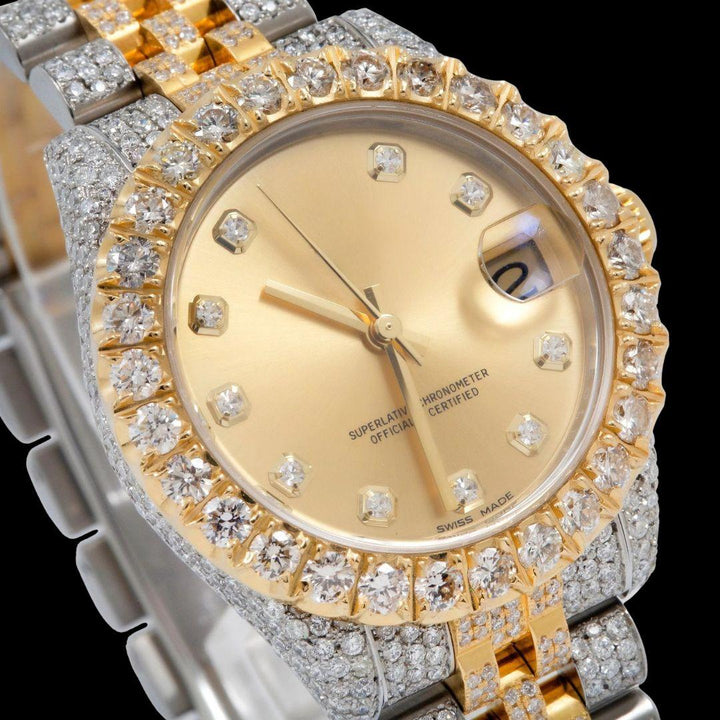 Rolex Champagne Diamond Dial Two Tone Yellow Gold Jubilee Bracelet Iced Out Moissanite Watch Close Up Dial View