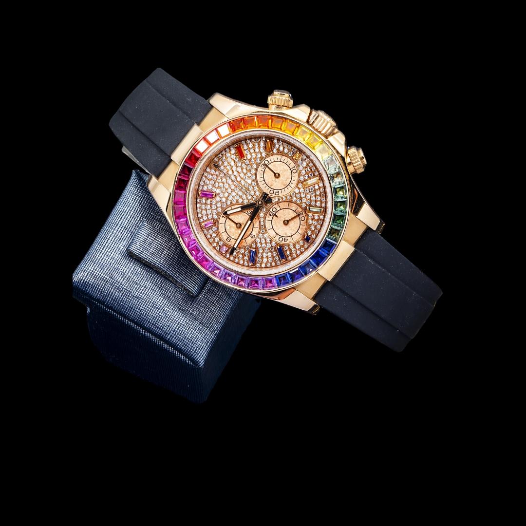 Rolex Cosmograph Daytona Stick Markers Rainbow Bezel Semi Iced Out Rose Gold Moissanite Watch Rubber Strap Close Up Front View