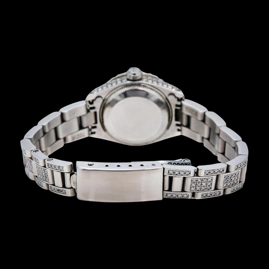 Rolex Date Just White Dial Diamond Markers Oyster Bracelet Iced Out Moissanite Watch for Women Caseback View