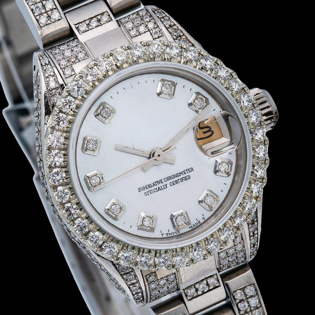 Rolex Date Just White Dial Diamond Markers Oyster Bracelet Iced Out Moissanite Watch for Women Close Up Dial View