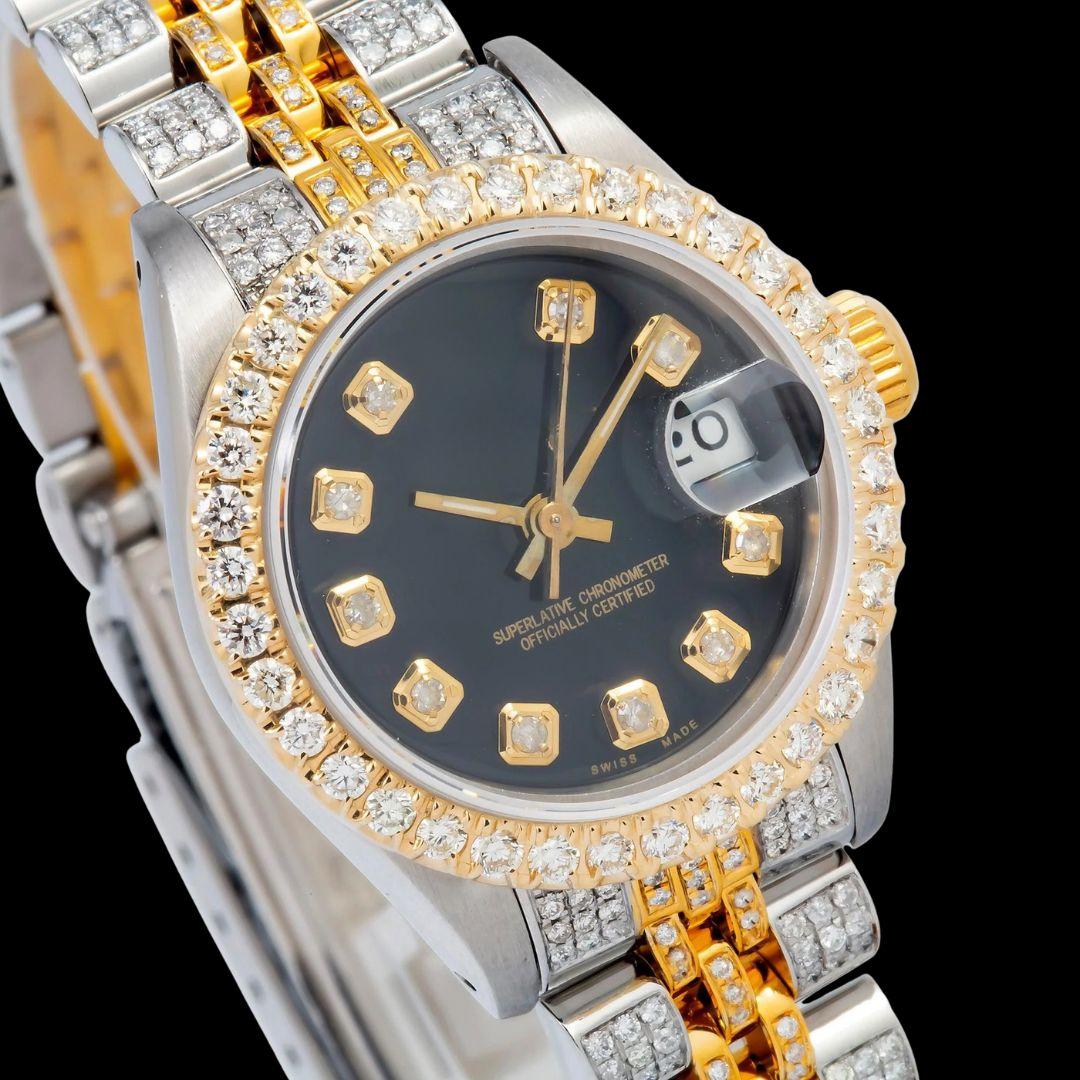 Rolex Datejust Black Dial Diamond Markers Two Tone Yellow Gold Iced Out Jubilee Bracelet Moissanite Watch for Women Close Up Dial View
