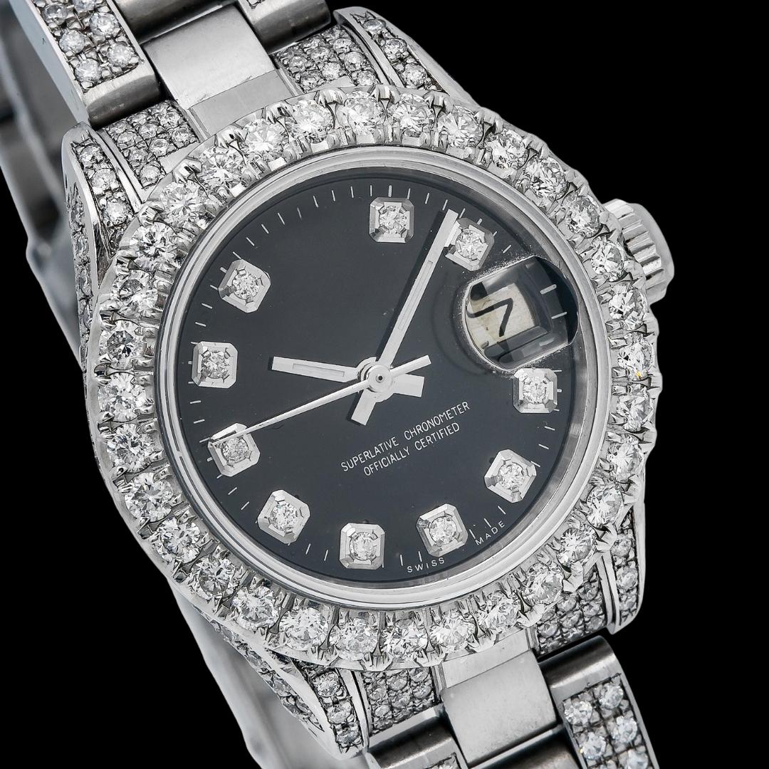 Rolex Datejust Black Diamond Dial Diamond Bezel Semi Iced Out Oyster Bracelet Moissanite Watch Close Up Dial View
