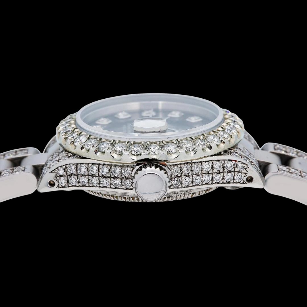 Rolex Datejust Black Diamond Dial Diamond Bezel Semi Iced Out Oyster Bracelet Moissanite Watch Crown View
