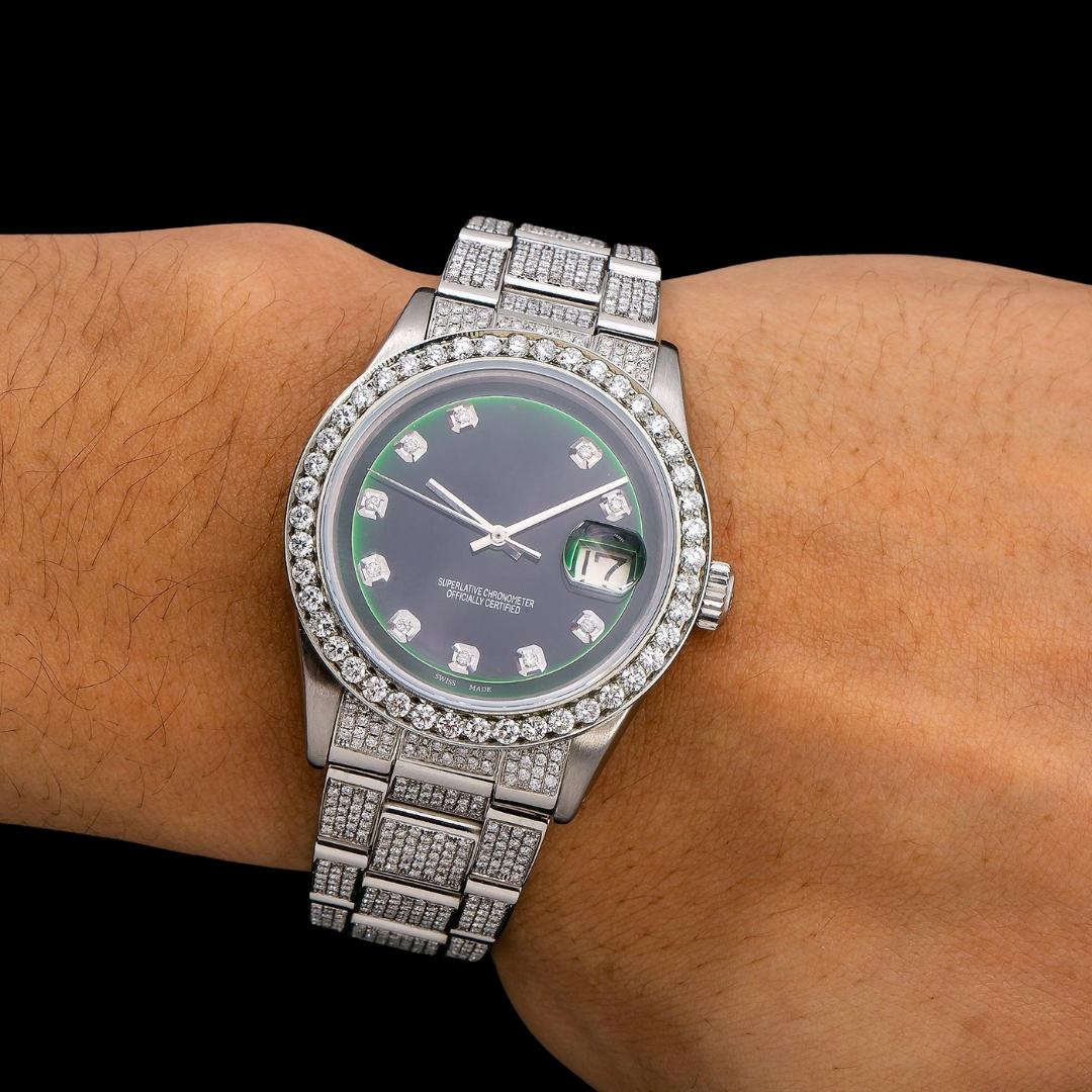 Rolex Datejust Black Emerald Dial Diamond Markers Fully Iced Out Oyster Bracelet Moissanite Watch On Wrist View