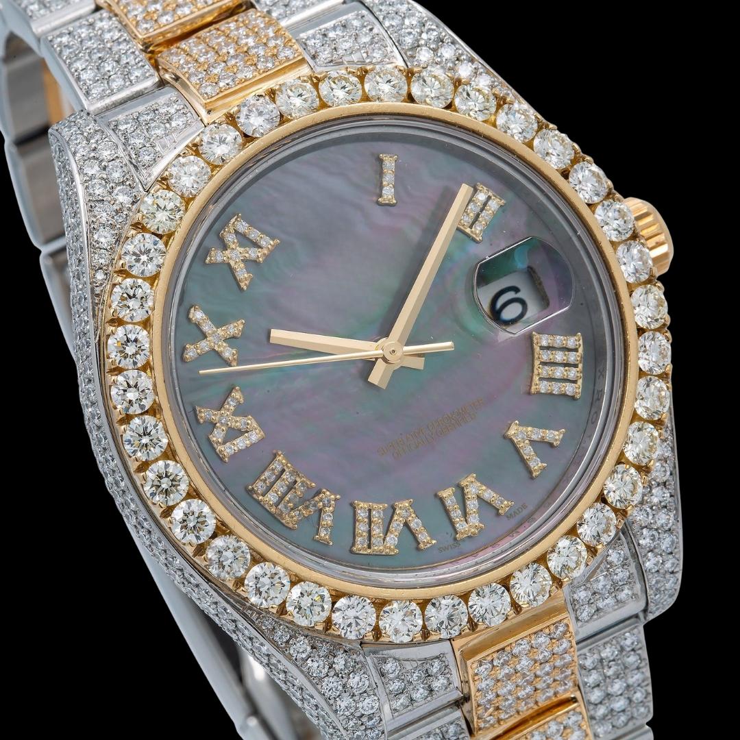 Rolex Datejust Black Mother of Pearl Roman Diamond Dial Two Tone Rose Gold Oyster Bracelet Iced Out Watch Close Up Dial View