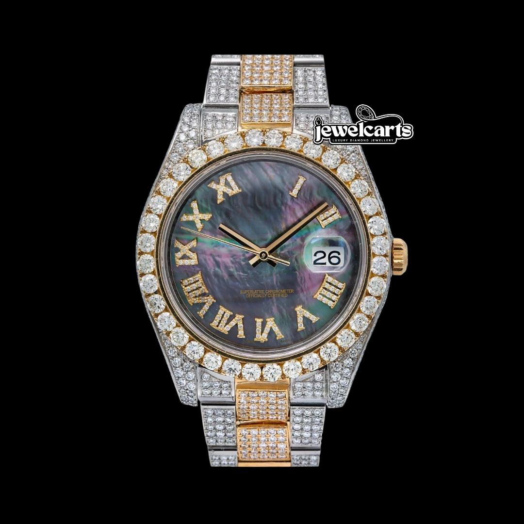 Rolex Datejust Black Mother of Pearl Roman Diamond Dial Two Tone Rose Gold Oyster Bracelet Iced Out Watch Front View