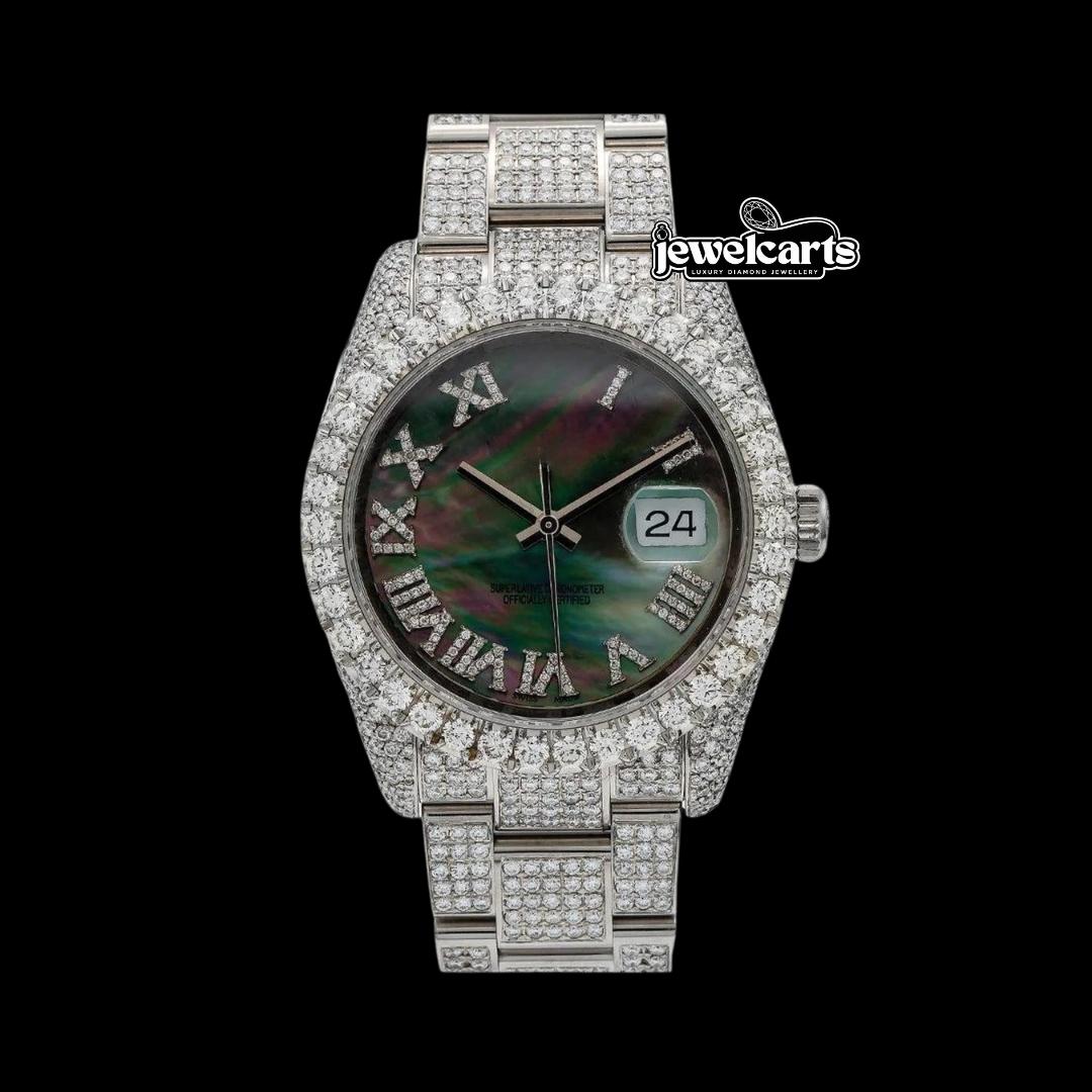 Rolex Datejust Black Pearl Dial Roman Diamond Numerals Fully Iced Out Oyster Bracelet Moissanite Watch Front View