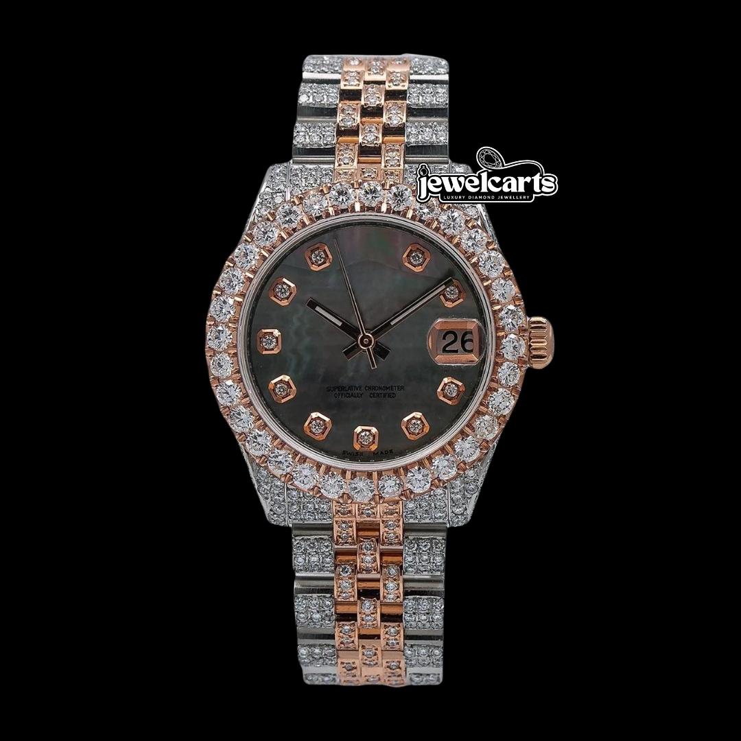 Rolex Datejust Black Pearl Diamond Markers Dial Two Tone Iced Out Rose Gold Jubilee Moissanite Watch Front View