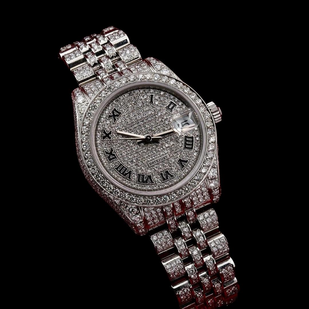Rolex Datejust Black Roman Numerals Diamond Dial Fully Iced Out Jubilee Bracelet Moissanite Watch Close Up Front View