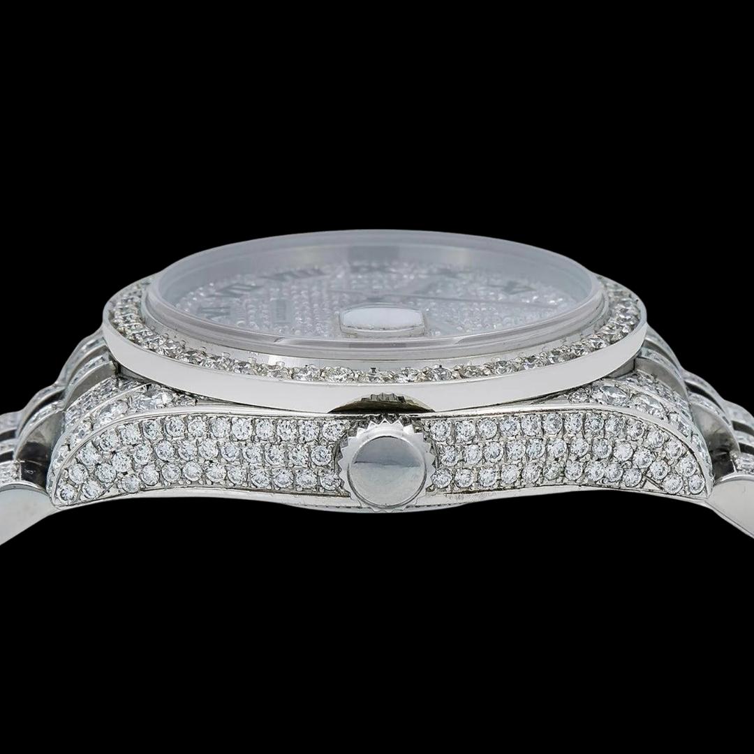 Rolex Datejust Black Roman Numerals Diamond Dial Fully Iced Out Jubilee Bracelet Moissanite Watch Crown View