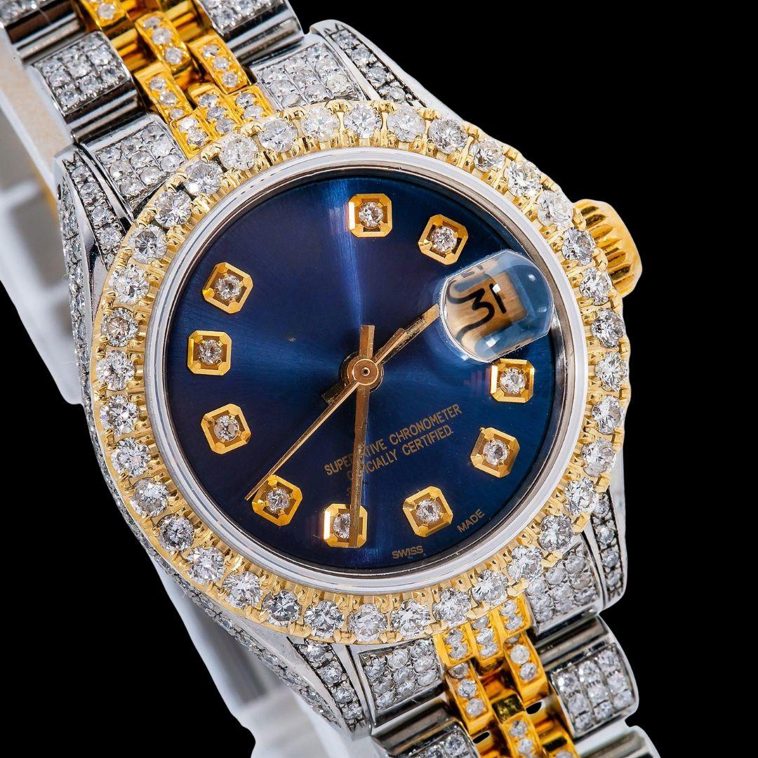 Rolex Datejust Blue Dial Diamond Markers Two Tone Iced Out Jubilee Strap Yellow Gold Moissanite Watch for Women Close Up Dial View