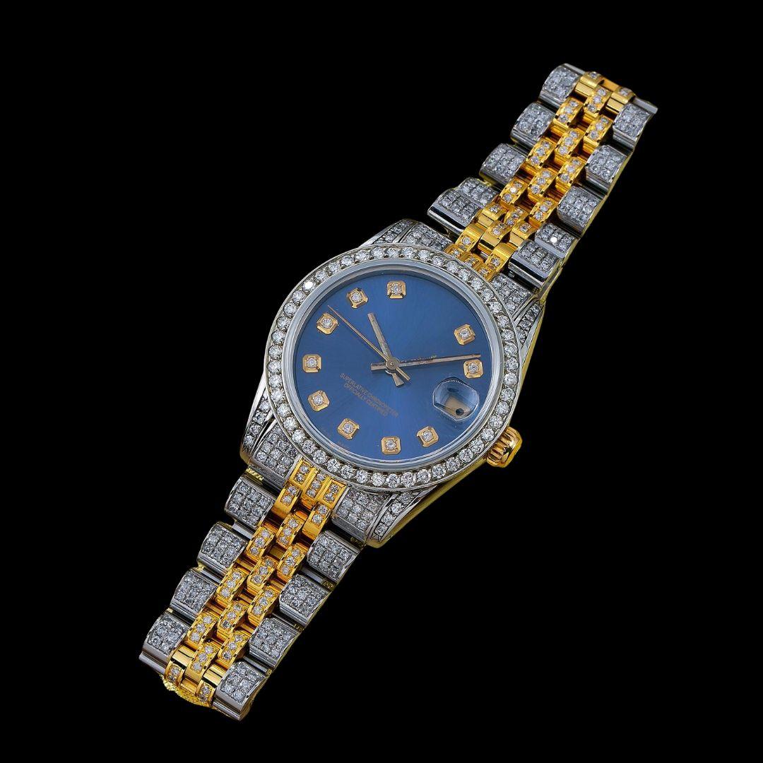 Rolex Datejust Blue Dial Diamond Markers Two Tone Yellow Gold Jubilee Moissanite Watch Close Up Front View