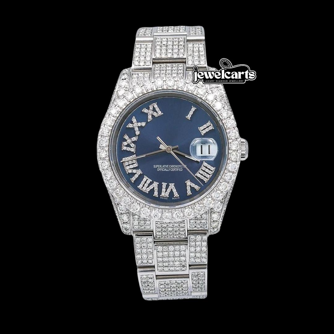 Rolex Datejust Blue Dial Diamond Roman Numerals Fully Iced Out Oyster Strap Moissanite Watch Front View