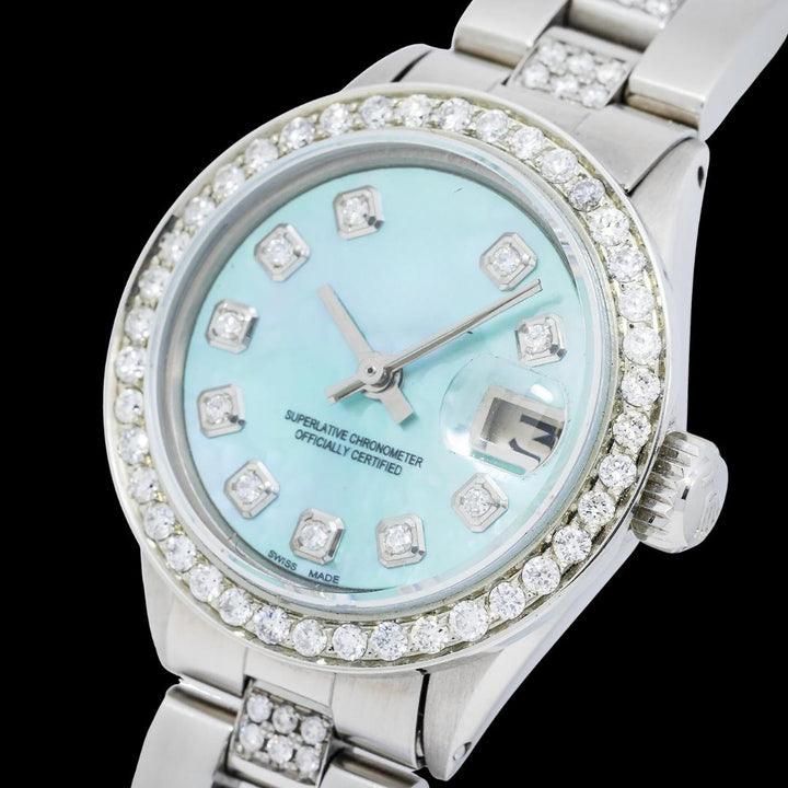 Rolex Datejust Blue Mother of Pearl Diamond Dial Iced Out Oyster Bracelet Moissanite Watch Close Up Dial View