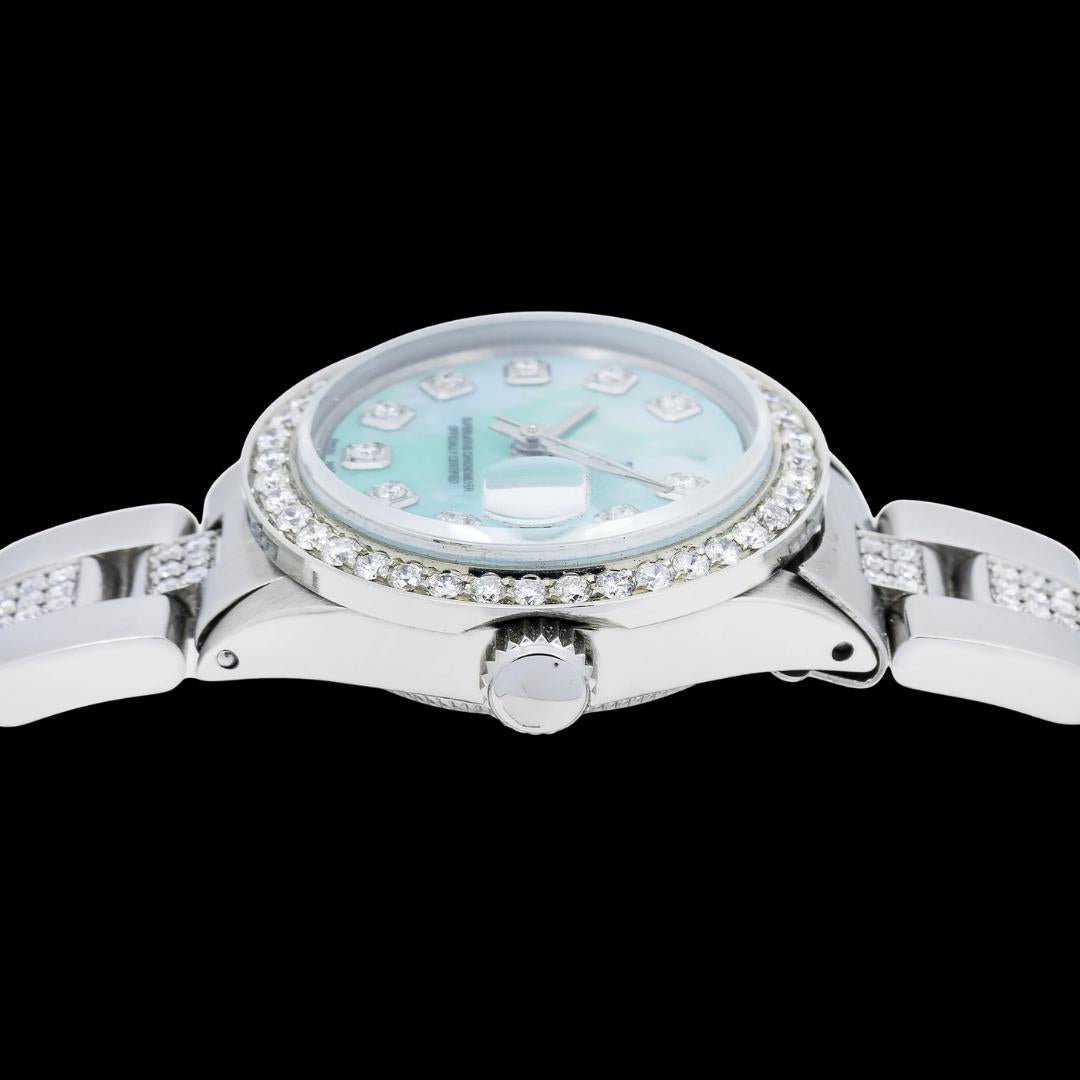 Rolex Datejust Blue Mother of Pearl Diamond Dial Iced Out Oyster Bracelet Moissanite Watch Crown View