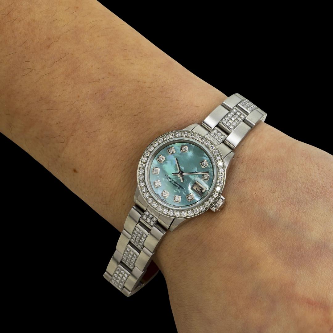 Rolex Datejust Blue Mother of Pearl Diamond Dial Iced Out Oyster Bracelet Moissanite Watch On Wrist View