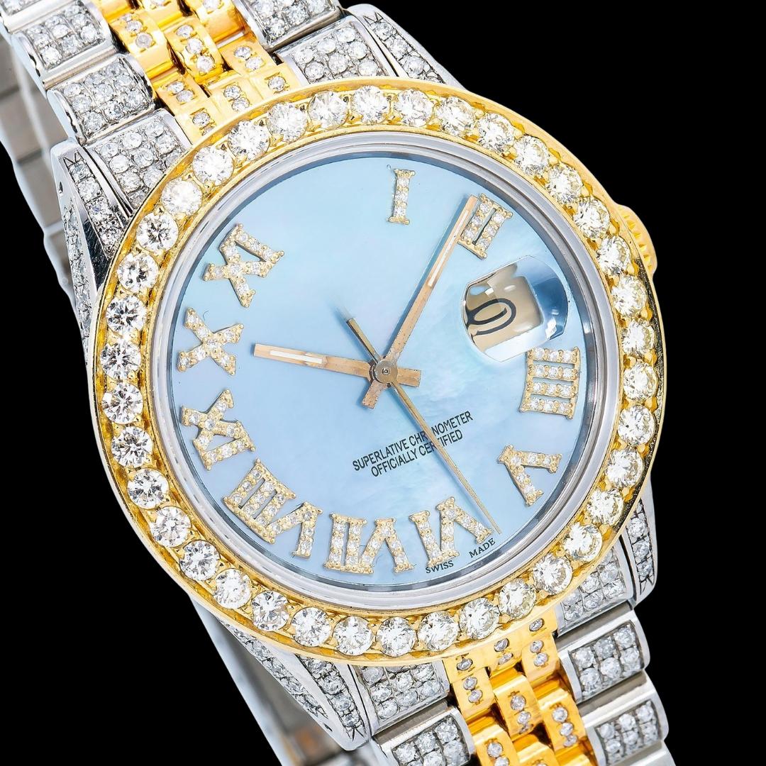 Rolex Datejust Blue Mother of Pearl Roman Dial Two Tone Yellow Gold Full Iced Out Jubilee Bracelet Moissanite Watch Close Up Dial View