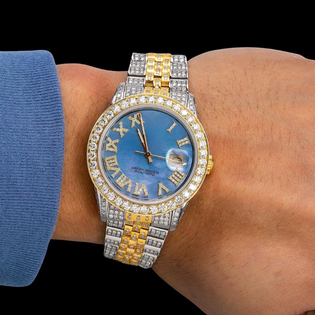 Rolex Datejust Blue Mother of Pearl Roman Dial Two Tone Yellow Gold Full Iced Out Jubilee Bracelet Moissanite Watch On Wrist View