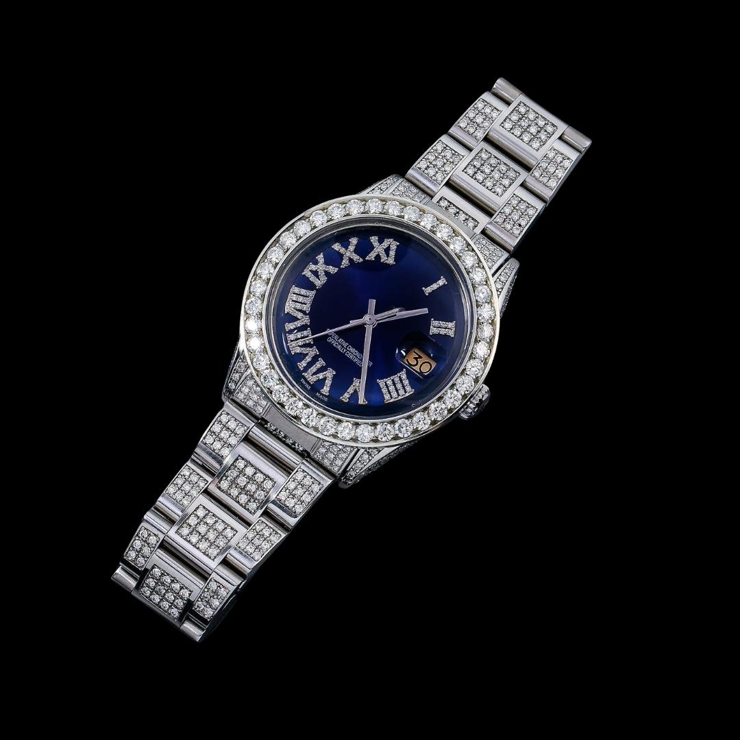Rolex Datejust Blue Roman Diamond Dial Diamond Bezel Full Iced Out Oyster Bracelet Moissanite Watch Close Up Front View