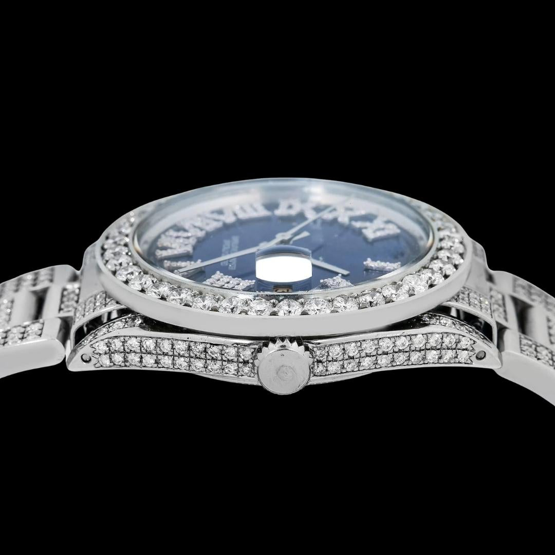 Rolex Datejust Blue Roman Diamond Dial Diamond Bezel Full Iced Out Oyster Bracelet Moissanite Watch Crown View