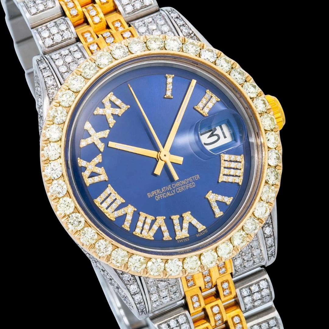 Rolex Datejust Blue Roman Diamond Dial Two Tone Yellow Gold Full Iced Out Jubilee Bracelet Moissanite Watch Close Up Dial View