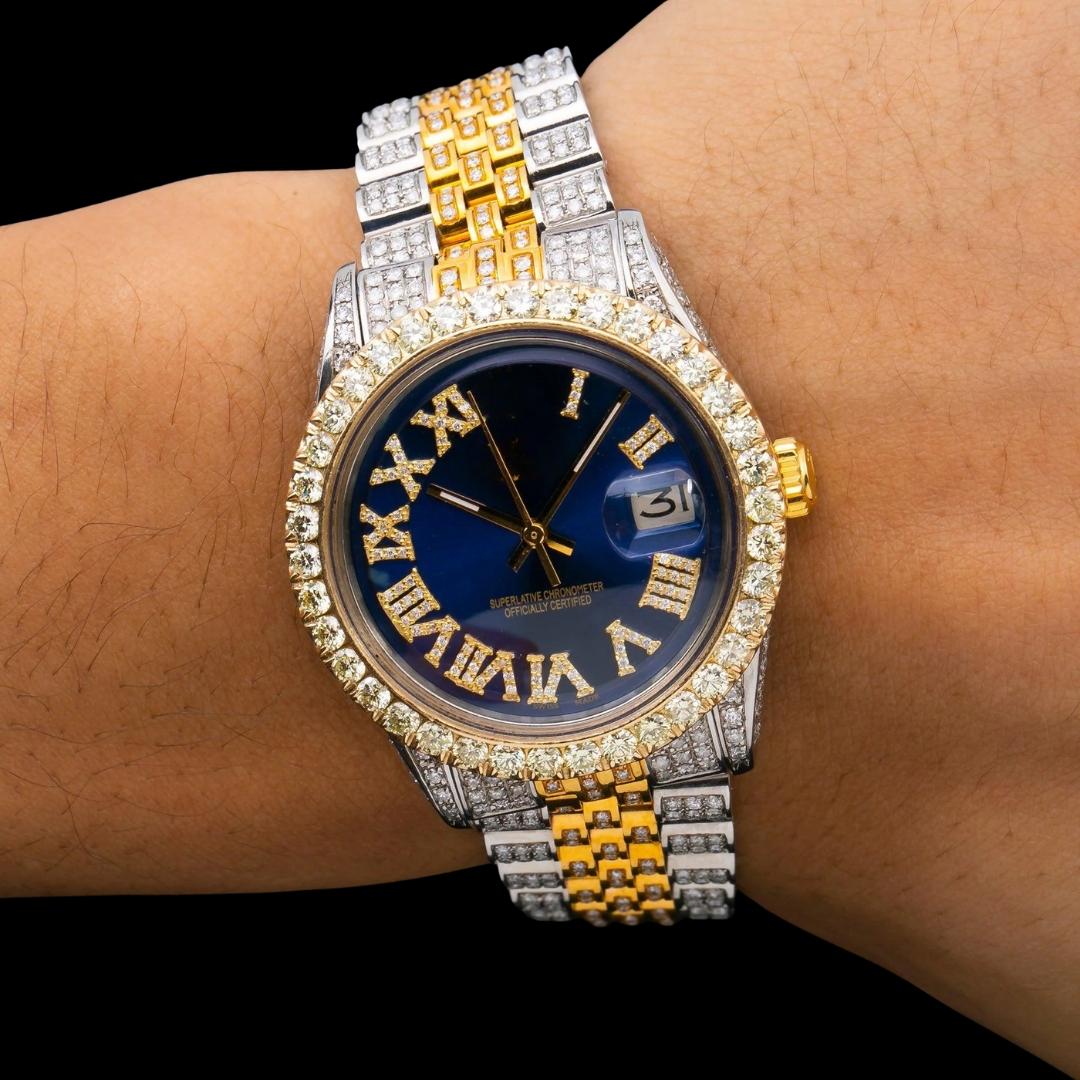 Rolex Datejust Blue Roman Diamond Dial Two Tone Yellow Gold Full Iced Out Jubilee Bracelet Moissanite Watch On Wrist View