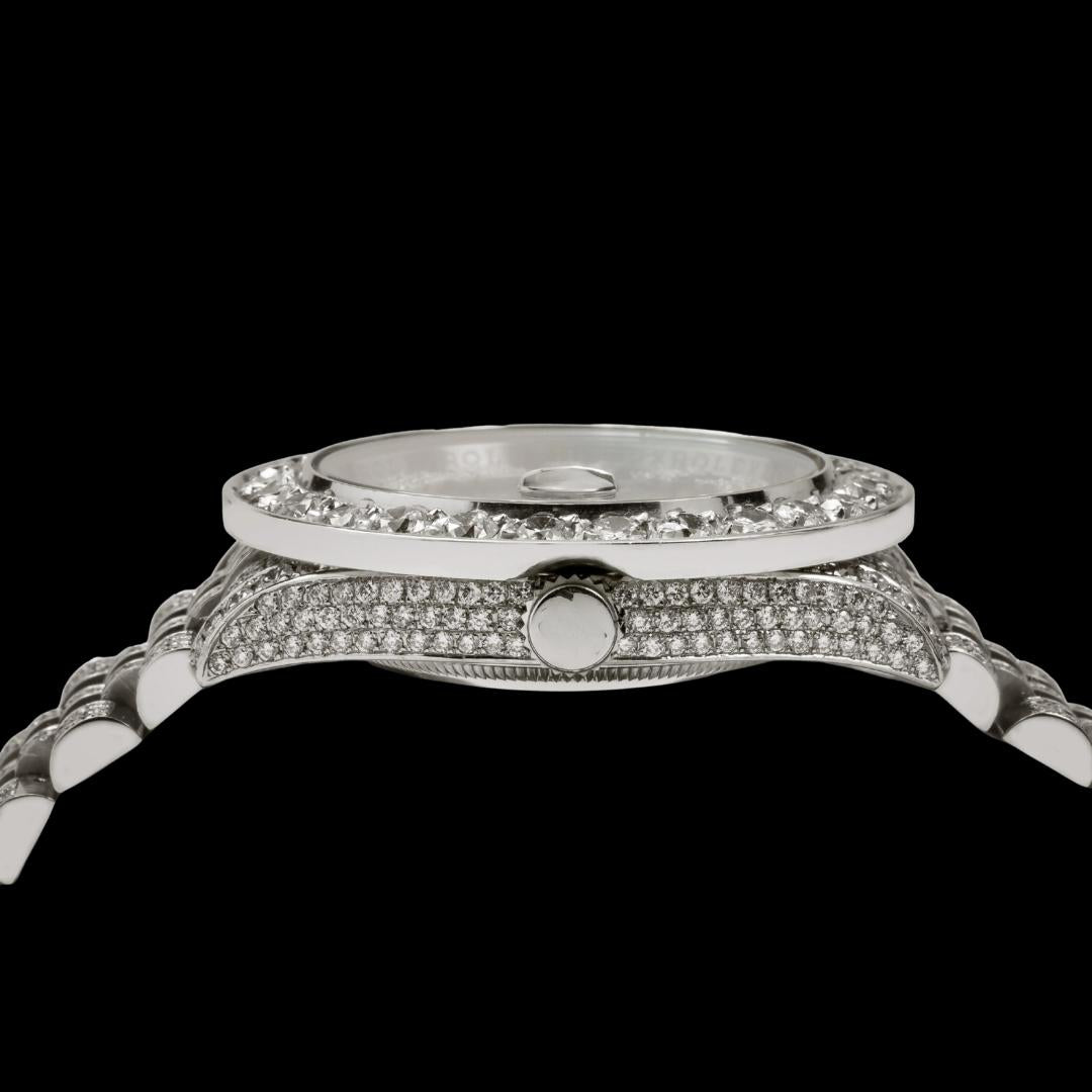 Rolex Datejust Brown Dial Diamond Ramon Numerals Fully Iced Out Jubilee Bracelet Moissanite Watch Crown View
