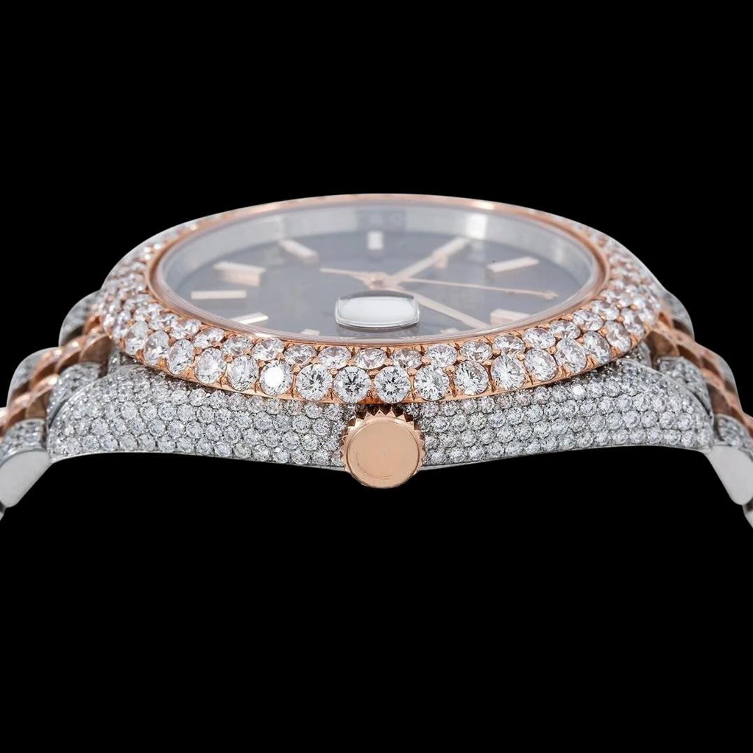 Rolex Datejust Brown Dial White Stick Markers Rose Gold Two Tone Iced Out Jubilee Bracelet Moissanite Watch Crown View