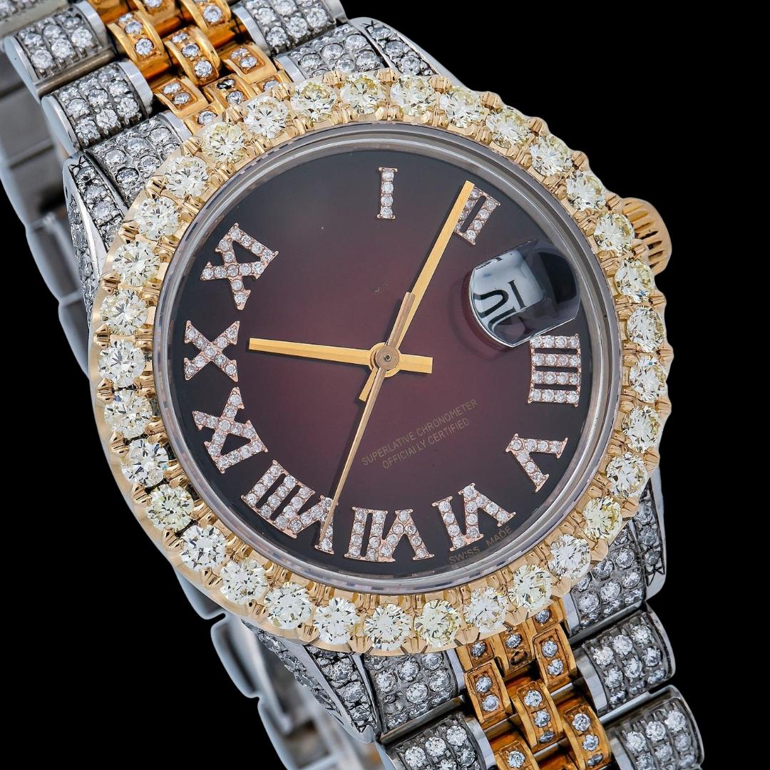 Rolex Datejust Brown Sunburst Roman Dial Two Tone Yellow Gold Jubilee Bracelet Iced Out Moissanite Watch Close Up Dial View