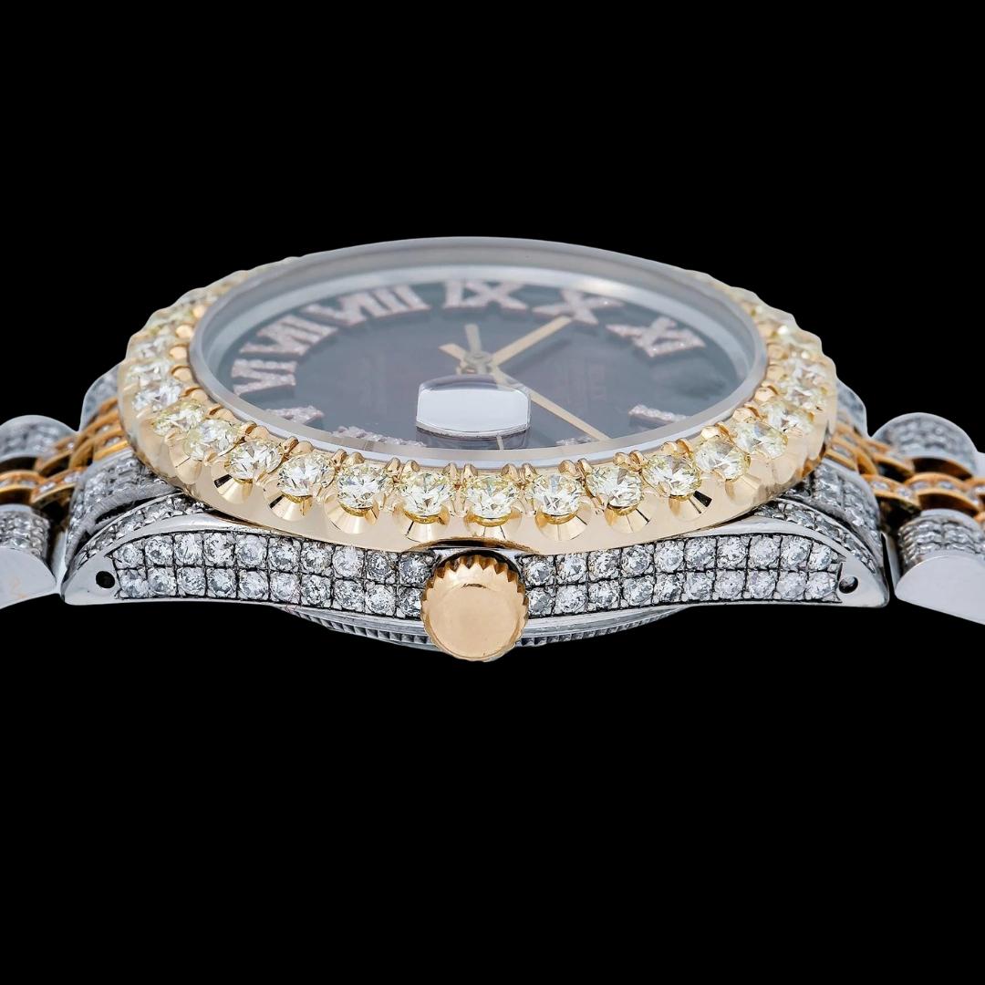 Rolex Datejust Brown Sunburst Roman Dial Two Tone Yellow Gold Jubilee Bracelet Iced Out Moissanite Watch Crown View
