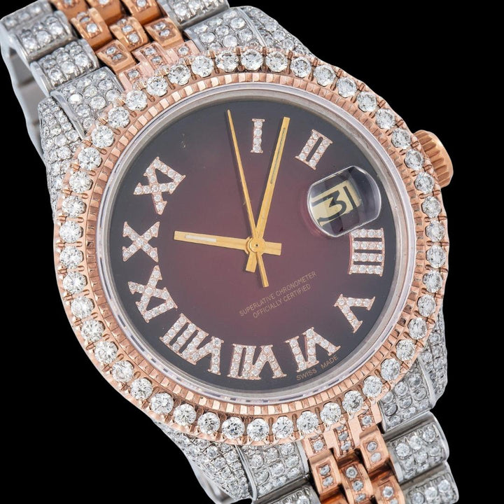 Rolex Datejust Brown Sunburst Roman Diamond Dial Two Tone Jubilee Bracelet Rose Gold Iced Out Moissanite Watch Close Up Dial View