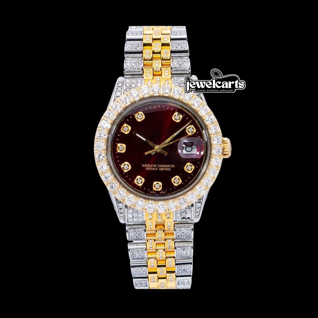 Rolex Datejust Burgundy Dial Diamond Markers Two Tone Jubilee Bracelet Yellow Gold Iced Out Moissanite Watch Front View